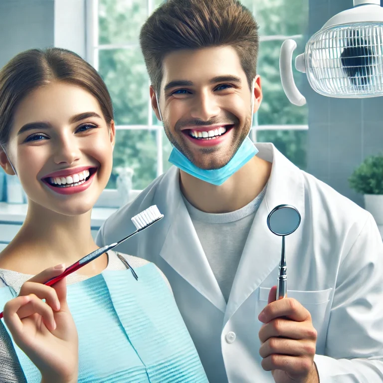 DALL·E 2024-11-22 17.15.50 - A highly realistic and engaging blog image representing preventive dentistry. Features a smiling dentist in a white coat holding a toothbrush and dent