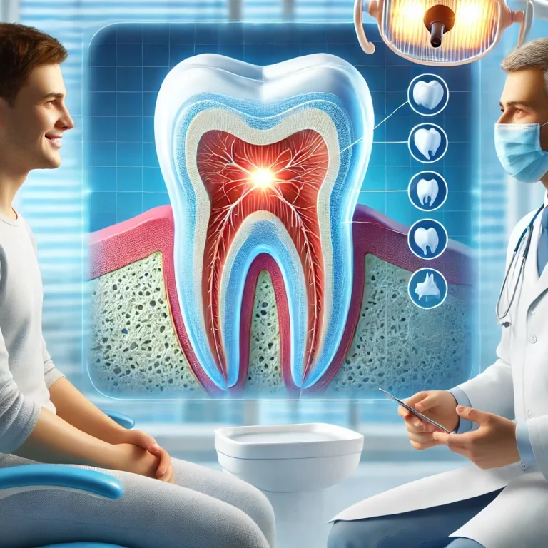 DALL·E 2024-11-22 17.53.42 - A realistic and informative blog image depicting a dental root canal explanation. Features a dentist discussing the procedure with a calm and attentiv